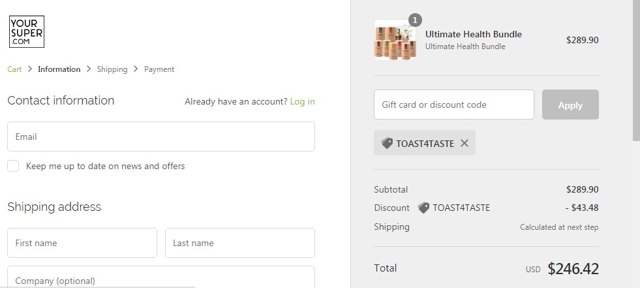 YourSuper.com checkout page showing YourSuper.com promo code box | Screenshot taken by SimplyCodes community member on Aug 19, 2021