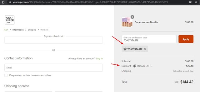 YourSuper.com checkout page showing YourSuper.com promo code box | Screenshot taken by SimplyCodes community member on Jul 21, 2021