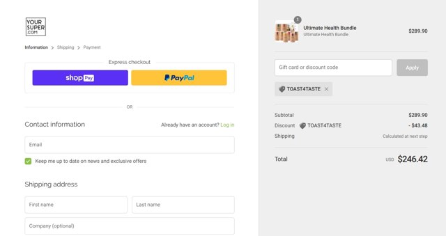 YourSuper.com checkout page showing YourSuper.com promo code box | Screenshot taken by SimplyCodes community member on Feb 12, 2021
