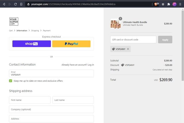 YourSuper.com checkout page showing YourSuper.com promo code box | Screenshot taken by SimplyCodes community member on Mar 3, 2021
