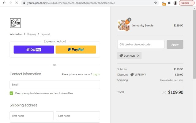 YourSuper.com checkout page showing YourSuper.com promo code box | Screenshot taken by SimplyCodes community member on May 4, 2021