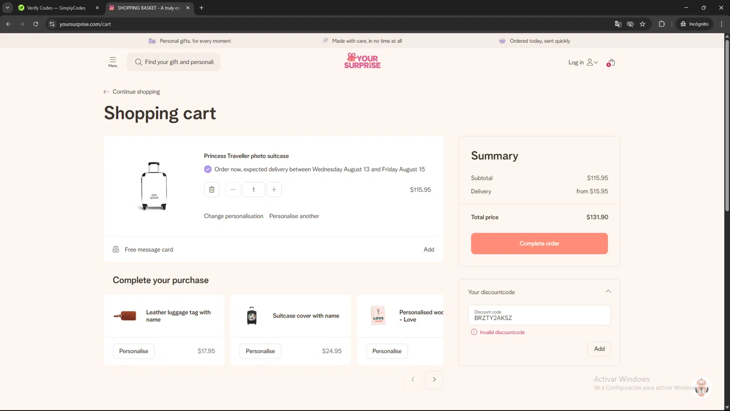 YourSurprise discount code screenshot showing code BRZTY2AKSZ applied at YourSurprise checkout page. Uploaded by SimplyCodes community member CBR600 on Aug 5, 2025