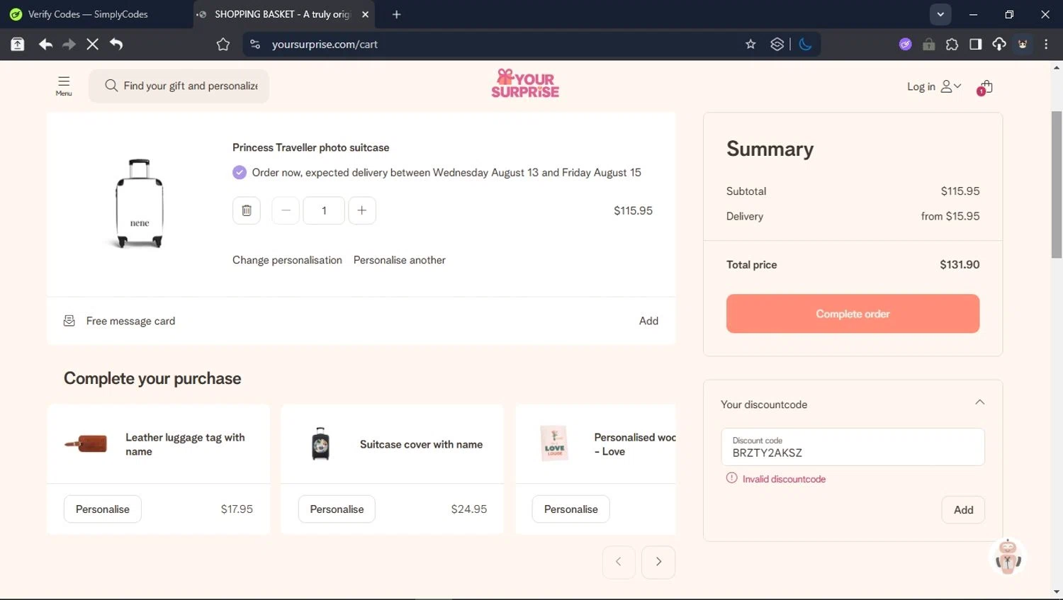 YourSurprise discount code screenshot showing code BRZTY2AKSZ applied at YourSurprise checkout page. Uploaded by SimplyCodes community member USER_RANDON on Aug 5, 2025