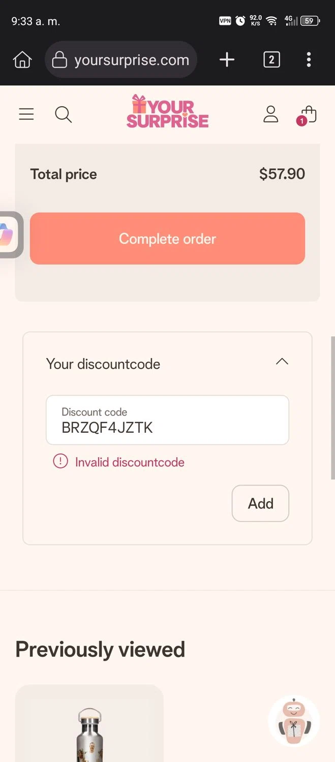 YourSurprise discount code screenshot showing code BRZQF4JZTK applied at YourSurprise checkout page. Uploaded by SimplyCodes community member Diego_Soto on Dec 20, 2025