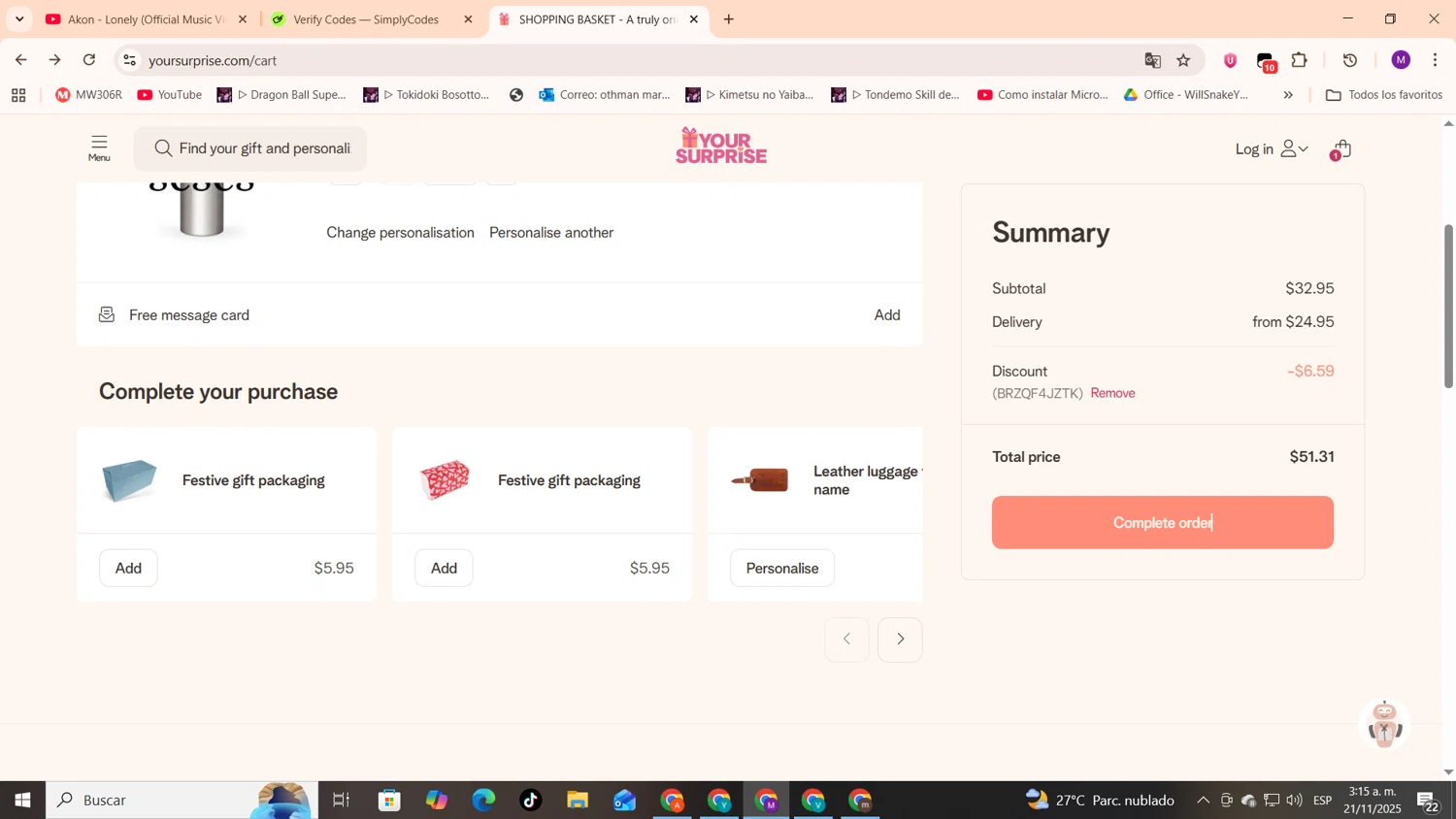 YourSurprise discount code screenshot showing code BRZQF4JZTK applied at YourSurprise checkout page. Uploaded by SimplyCodes community member cod_gakpo on Nov 21, 2025