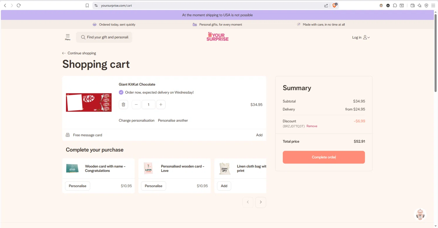 YourSurprise checkout page showing YourSurprise discount code box | Screenshot taken by SimplyCodes community member on Feb 2, 2026
