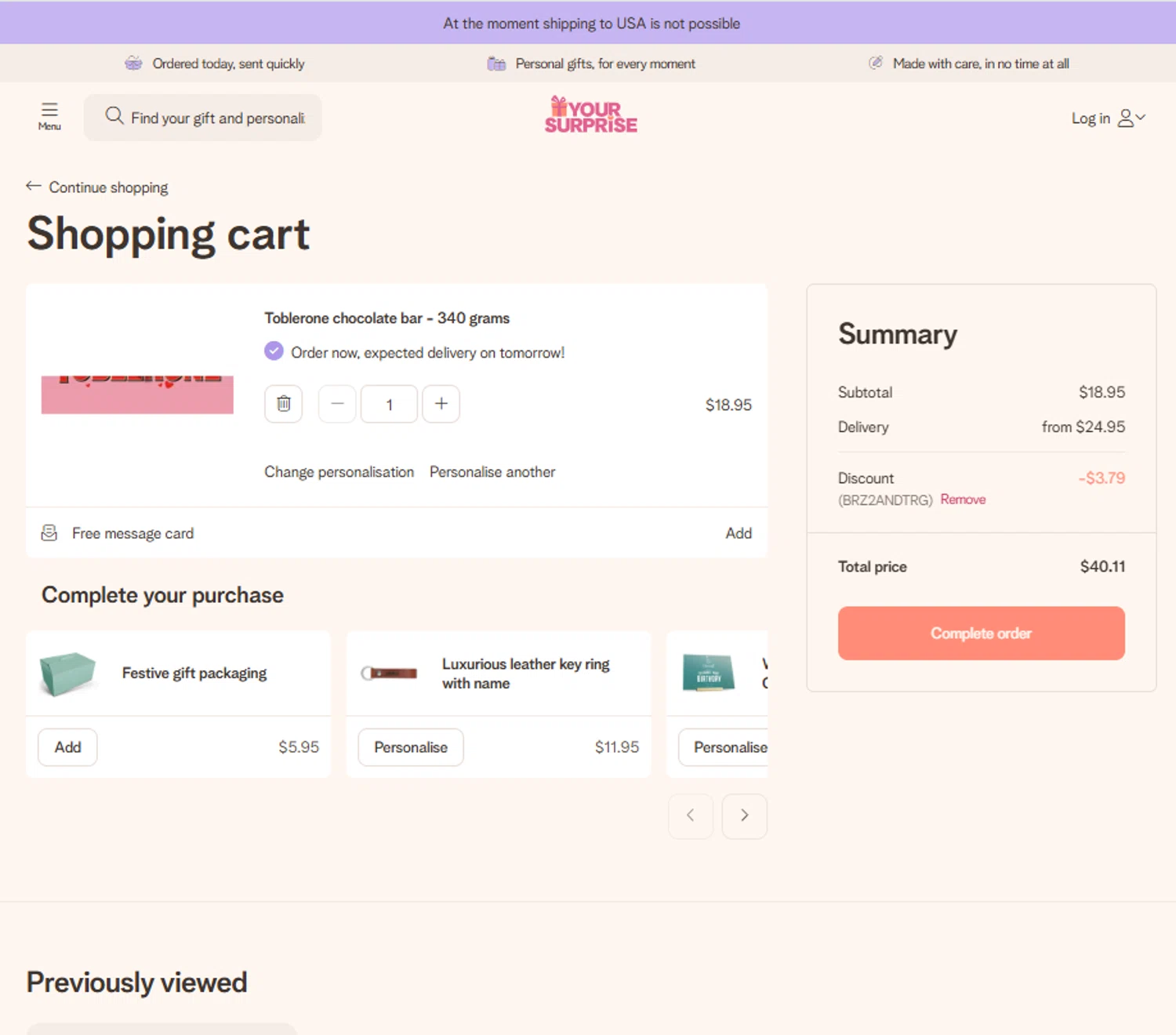 YourSurprise discount code screenshot showing code BRZ2ANDTRG applied at YourSurprise checkout page. Uploaded by SimplyCodes community member reggiesmith on Feb 3, 2026