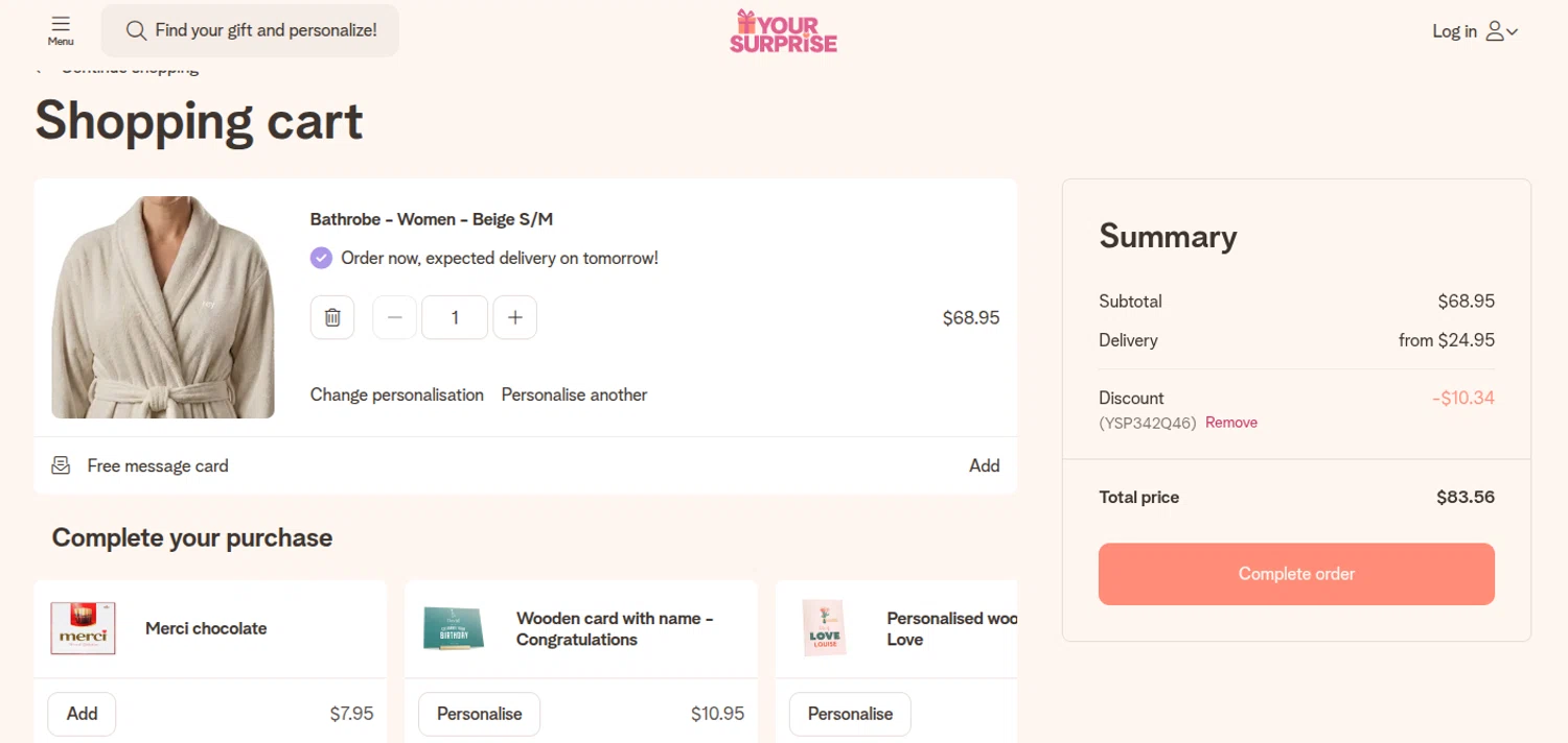 YourSurprise discount code screenshot showing code YSP342Q46 applied at YourSurprise checkout page. Uploaded by SimplyCodes community member reimalave10 on Jan 28, 2026