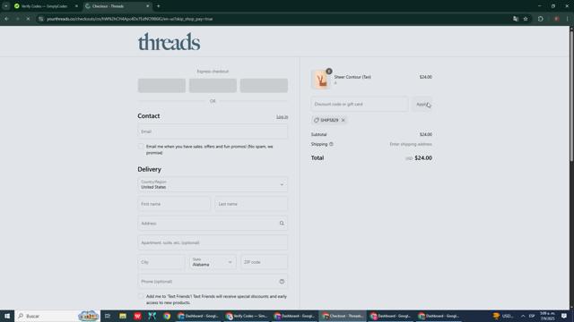 Threads checkout page showing Threads discount code box | Screenshot taken by SimplyCodes community member on Sep 7, 2025