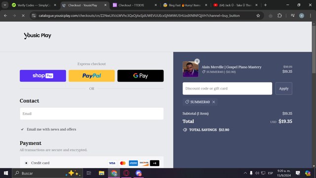 YousicPlay checkout page showing YousicPlay promo code box | Screenshot taken by SimplyCodes community member on Sep 15, 2024