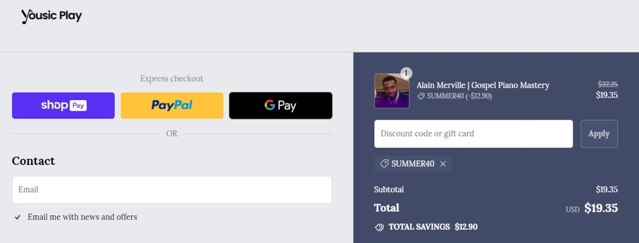 YousicPlay checkout page showing YousicPlay promo code box | Screenshot taken by SimplyCodes community member on Aug 17, 2024