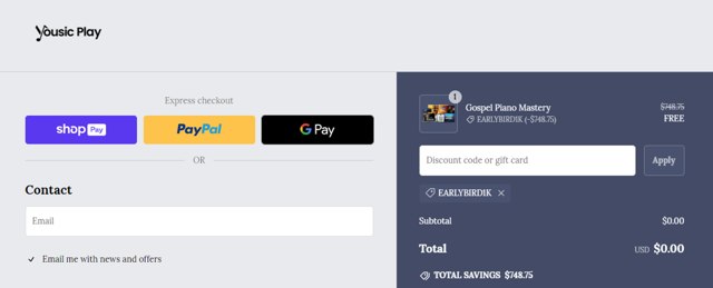 YousicPlay checkout page showing YousicPlay promo code box | Screenshot taken by SimplyCodes community member on Oct 15, 2024