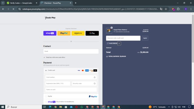 YousicPlay checkout page showing YousicPlay promo code box | Screenshot taken by SimplyCodes community member on Oct 6, 2024