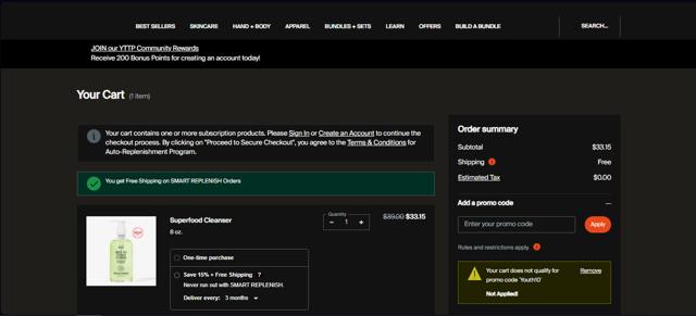 Youth To The People checkout page showing Youth To The People promo code box | Screenshot taken by SimplyCodes community member on Mar 31, 2025