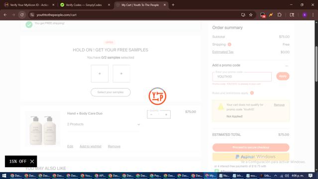 Youth To The People checkout page showing Youth To The People promo code box | Screenshot taken by SimplyCodes community member on Aug 2, 2025