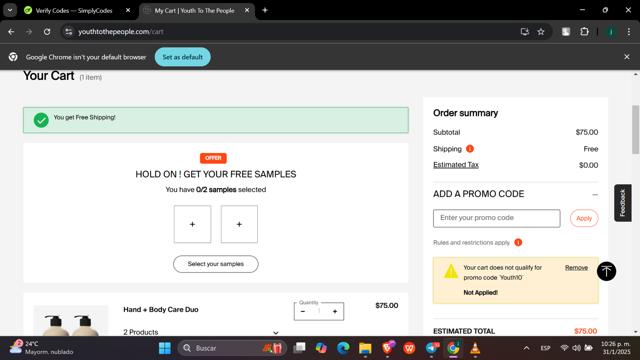Youth To The People checkout page showing Youth To The People promo code box | Screenshot taken by SimplyCodes community member on Feb 1, 2025