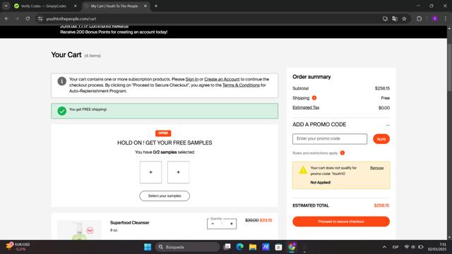 Youth To The People checkout page showing Youth To The People promo code box | Screenshot taken by SimplyCodes community member on Mar 2, 2025