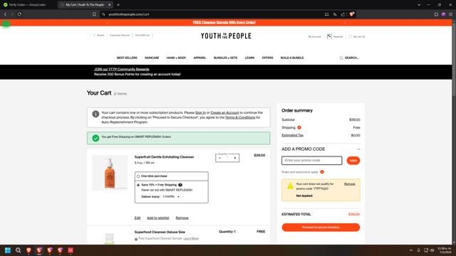 Youth To The People checkout page showing Youth To The People promo code box | Screenshot taken by SimplyCodes community member on Feb 7, 2025