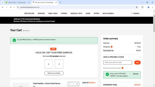 Youth To The People checkout page showing Youth To The People promo code box | Screenshot taken by SimplyCodes community member on Feb 19, 2025