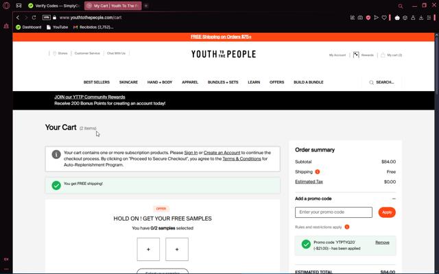 Youth To The People checkout page showing Youth To The People promo code box | Screenshot taken by SimplyCodes community member on Mar 28, 2025