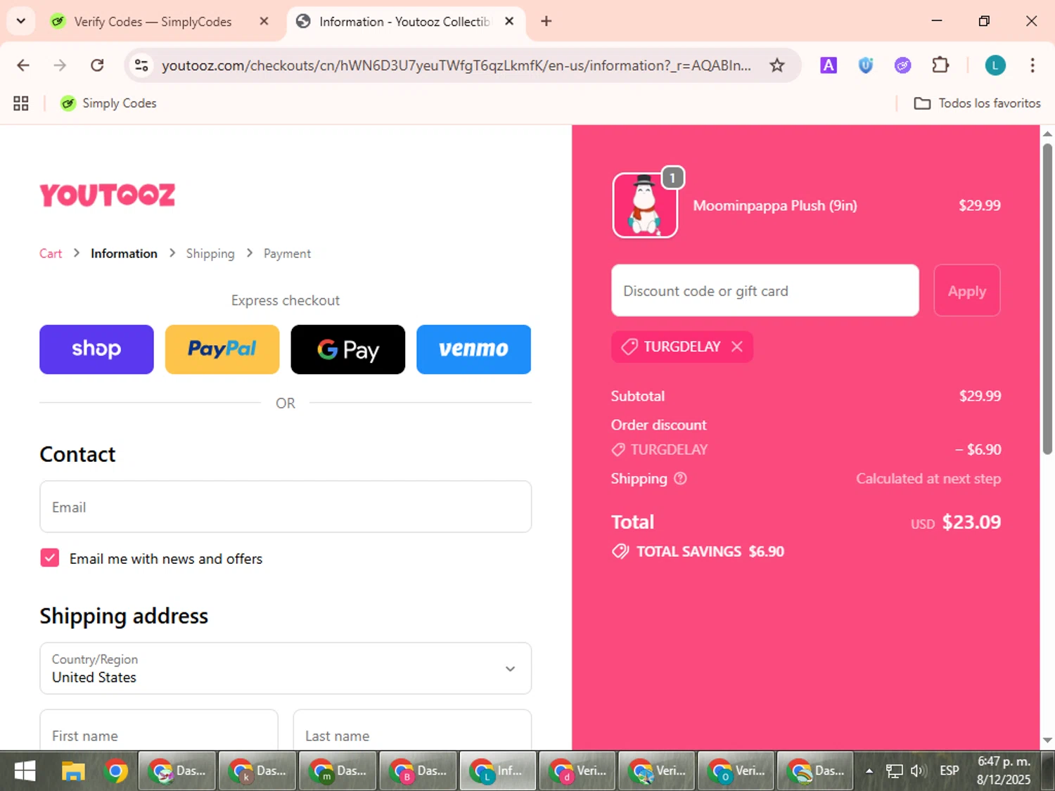 Youtooz Collectibles promo code screenshot showing code TURGDELAY applied at Youtooz Collectibles checkout page. Uploaded by SimplyCodes community member LuckyLegend792 on Dec 8, 2025