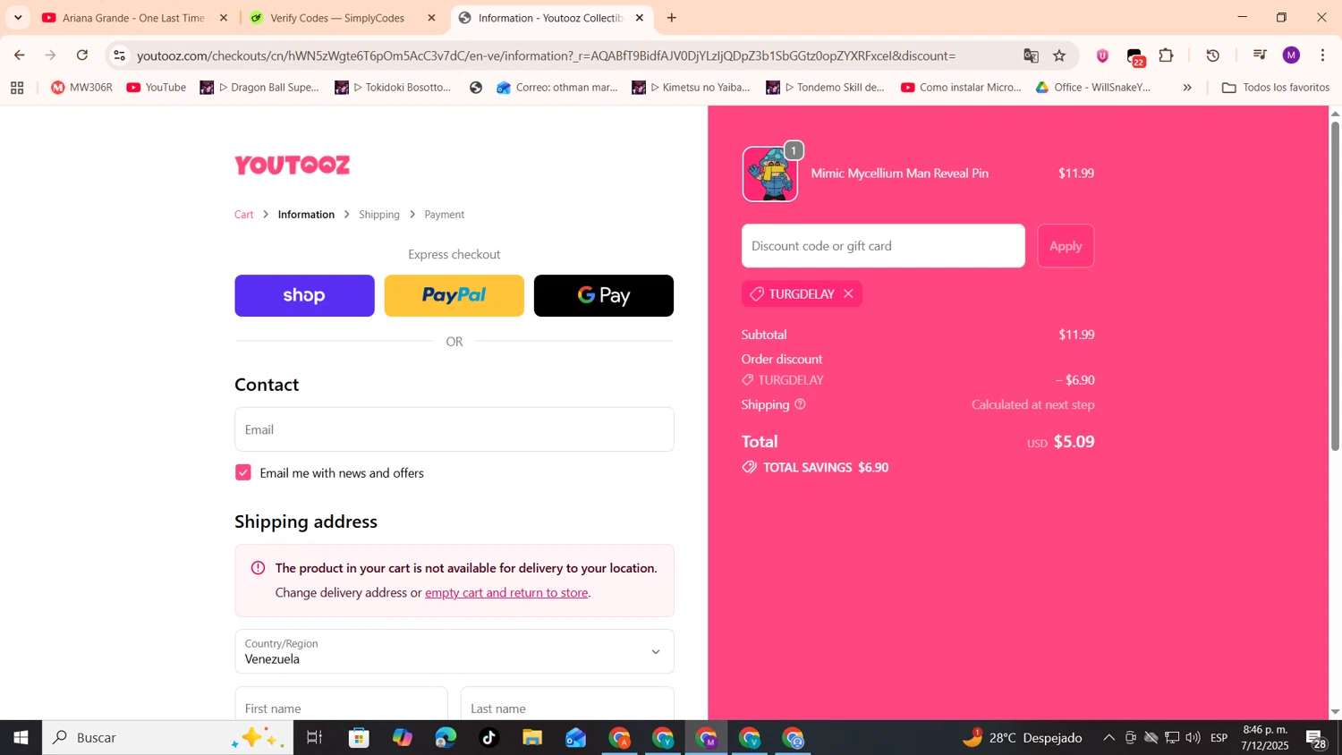 Youtooz Collectibles promo code screenshot showing code TURGDELAY applied at Youtooz Collectibles checkout page. Uploaded by SimplyCodes community member cod_gakpo on Dec 8, 2025