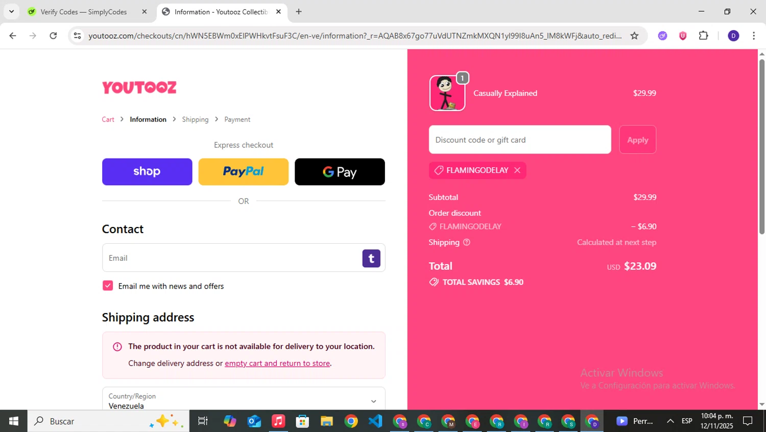 Youtooz Collectibles promo code screenshot showing code FLAMINGODELAY applied at Youtooz Collectibles checkout page. Uploaded by SimplyCodes community member PrimeNavigator3251 on Nov 13, 2025