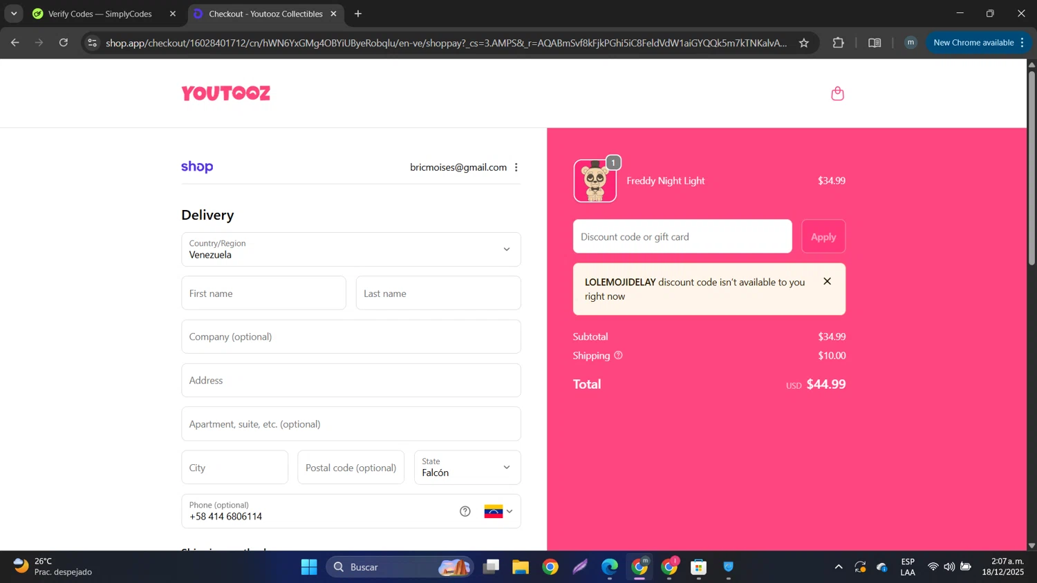 Youtooz Collectibles promo code screenshot showing code LOLEMOJIDELAY applied at Youtooz Collectibles checkout page. Uploaded by SimplyCodes community member DTBERA2024 on Dec 18, 2025