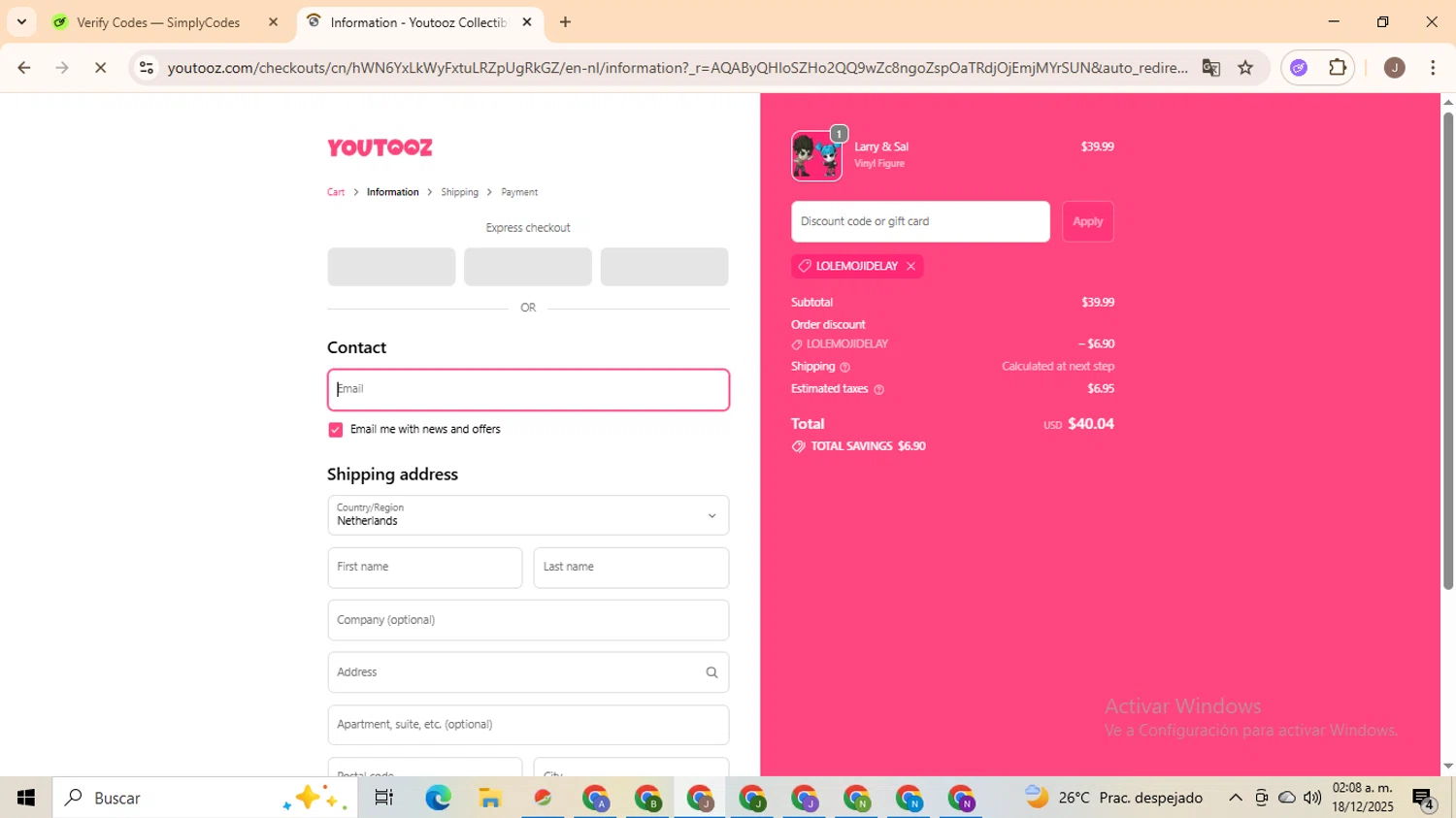 Youtooz Collectibles promo code screenshot showing code LOLEMOJIDELAY applied at Youtooz Collectibles checkout page. Uploaded by SimplyCodes community member ValiantHero2365 on Dec 18, 2025