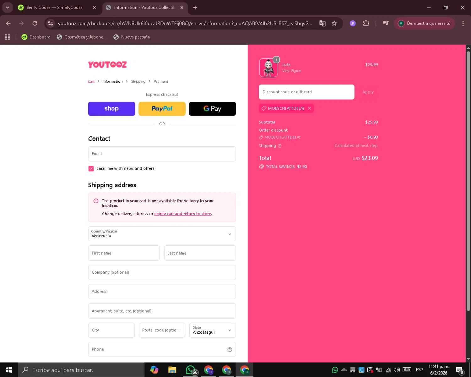 Youtooz Collectibles checkout page showing Youtooz Collectibles promo code box | Screenshot taken by SimplyCodes community member on Feb 7, 2026