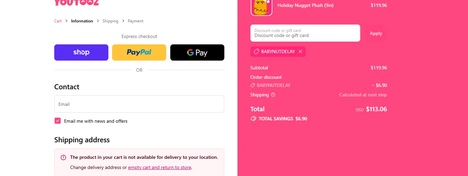 Youtooz Collectibles promo code screenshot showing code BABYNUTDELAY applied at Youtooz Collectibles checkout page. Uploaded by SimplyCodes community member leonardocamacho2 on Dec 21, 2025