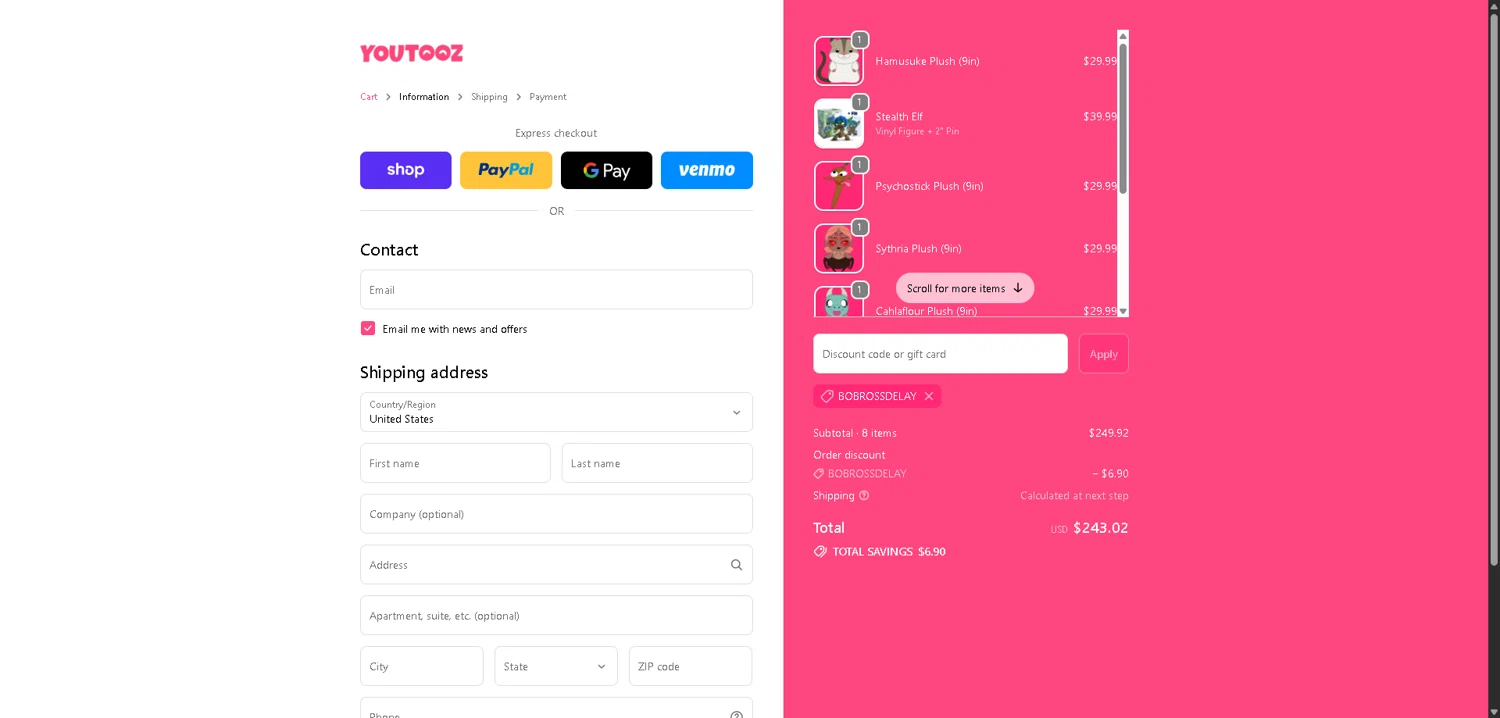 Youtooz Collectibles promo code screenshot showing code BOBROSSDELAY applied at Youtooz Collectibles checkout page. Uploaded by SimplyCodes community member PromoElite4745 on Jan 30, 2026