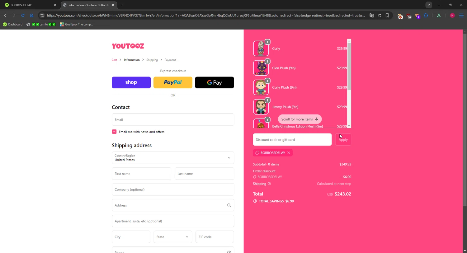 Youtooz Collectibles promo code screenshot showing code BOBROSSDELAY applied at Youtooz Collectibles checkout page. Uploaded by SimplyCodes community member RewardMaverick6941 on Dec 23, 2025
