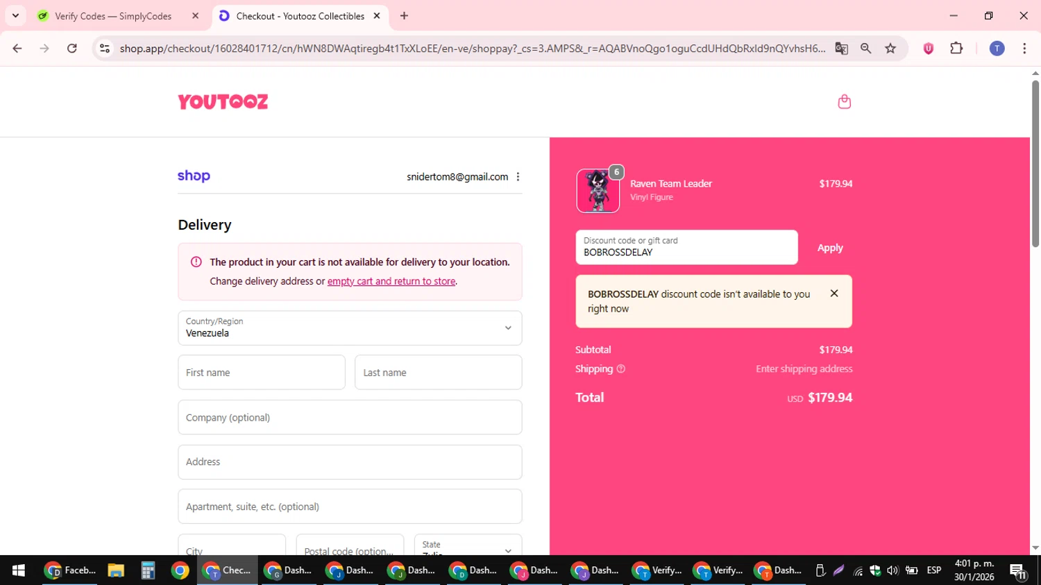 Youtooz Collectibles promo code screenshot showing code BOBROSSDELAY applied at Youtooz Collectibles checkout page. Uploaded by SimplyCodes community member snidertom8 on Jan 30, 2026