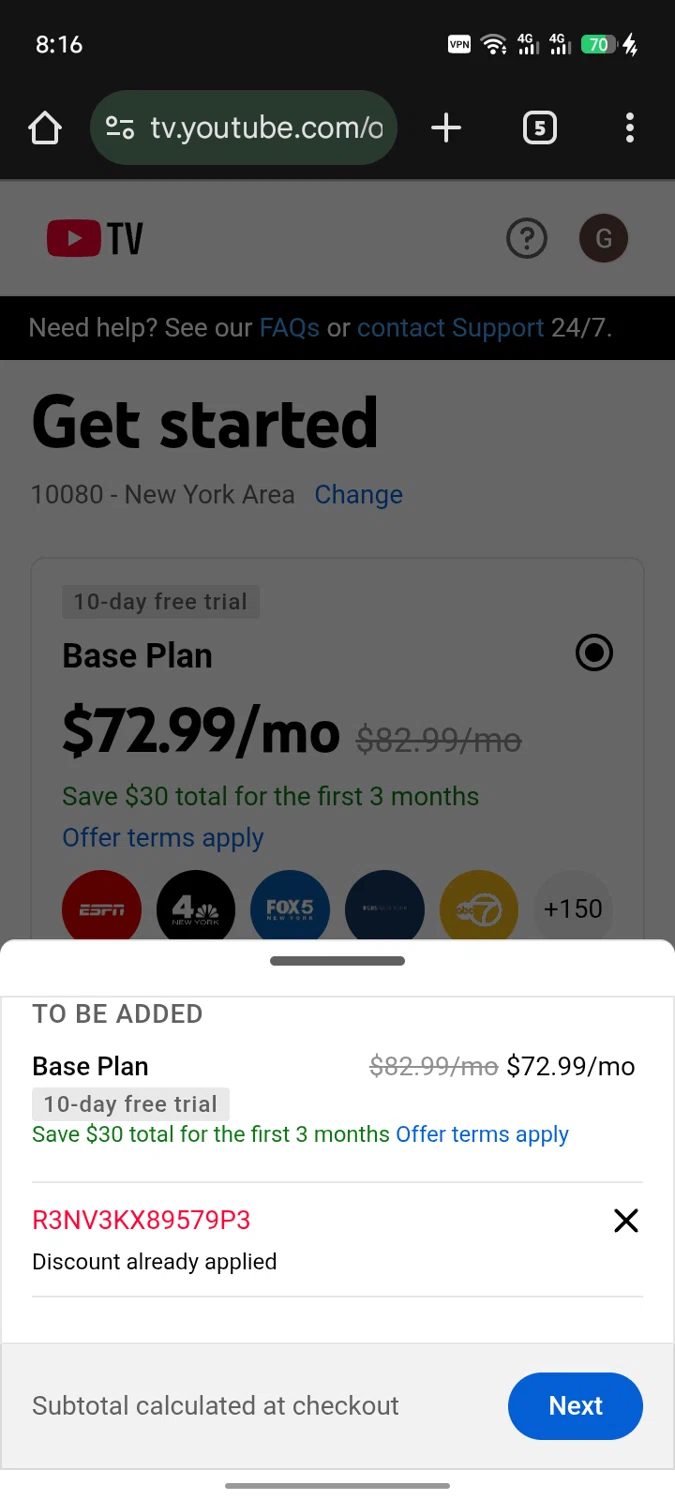 YouTube TV promo code screenshot showing code r3nv3kx89579p3 applied at YouTube TV checkout page. Uploaded by SimplyCodes community member SInNOMBRE on Dec 22, 2025