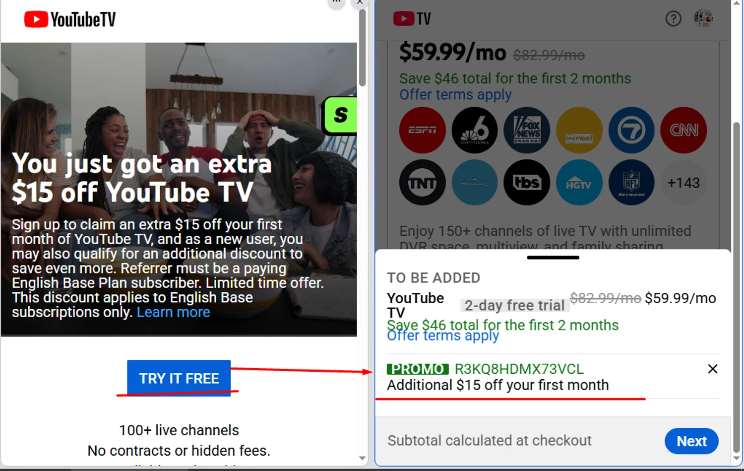 YouTube TV promo code screenshot showing code r3kq8hdmx73vcl applied at YouTube TV checkout page. Uploaded by SimplyCodes community member paola49520 on Jan 29, 2026