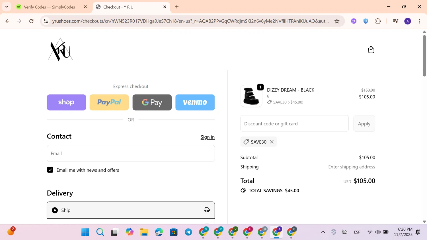 YRU discount code screenshot showing code SAVE30 applied at YRU checkout page. Uploaded by SimplyCodes community member BonusWhiz1524 on Nov 7, 2025