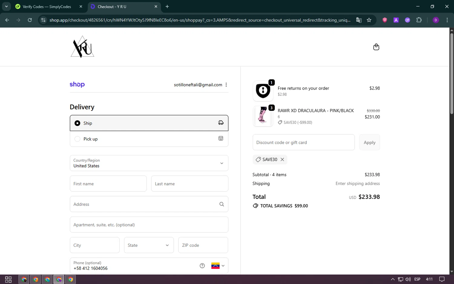 YRU discount code screenshot showing code SAVE30 applied at YRU checkout page. Uploaded by SimplyCodes community member ValueWhiz5630 on Oct 26, 2025