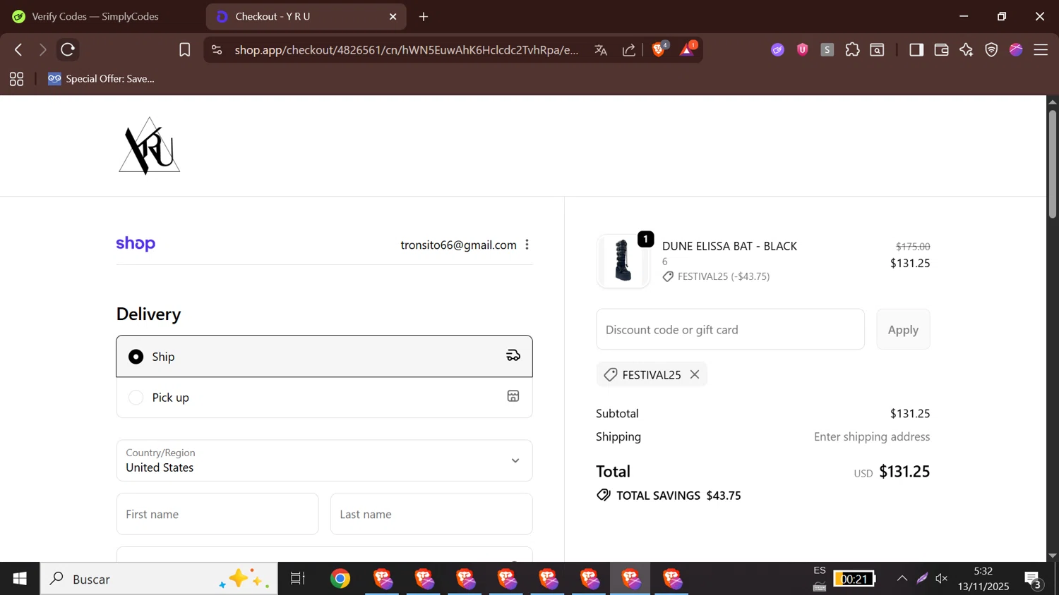 YRU discount code screenshot showing code FESTIVAL25 applied at YRU checkout page. Uploaded by SimplyCodes community member RewardLion5095 on Nov 13, 2025