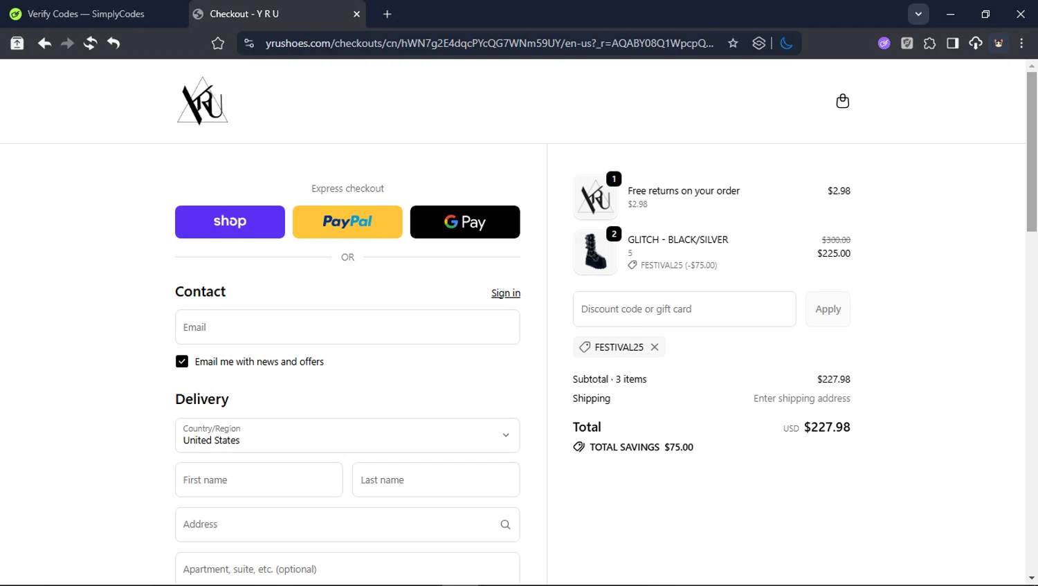 YRU discount code screenshot showing code FESTIVAL25 applied at YRU checkout page. Uploaded by SimplyCodes community member Userr2 on Jan 16, 2026