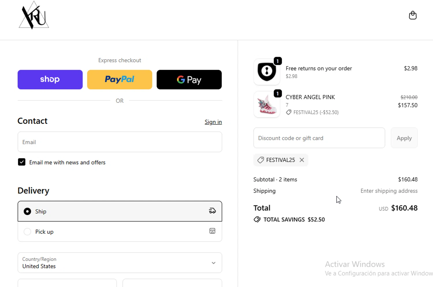 YRU discount code screenshot showing code FESTIVAL25 applied at YRU checkout page. Uploaded by SimplyCodes community member ligthYA on Nov 6, 2025