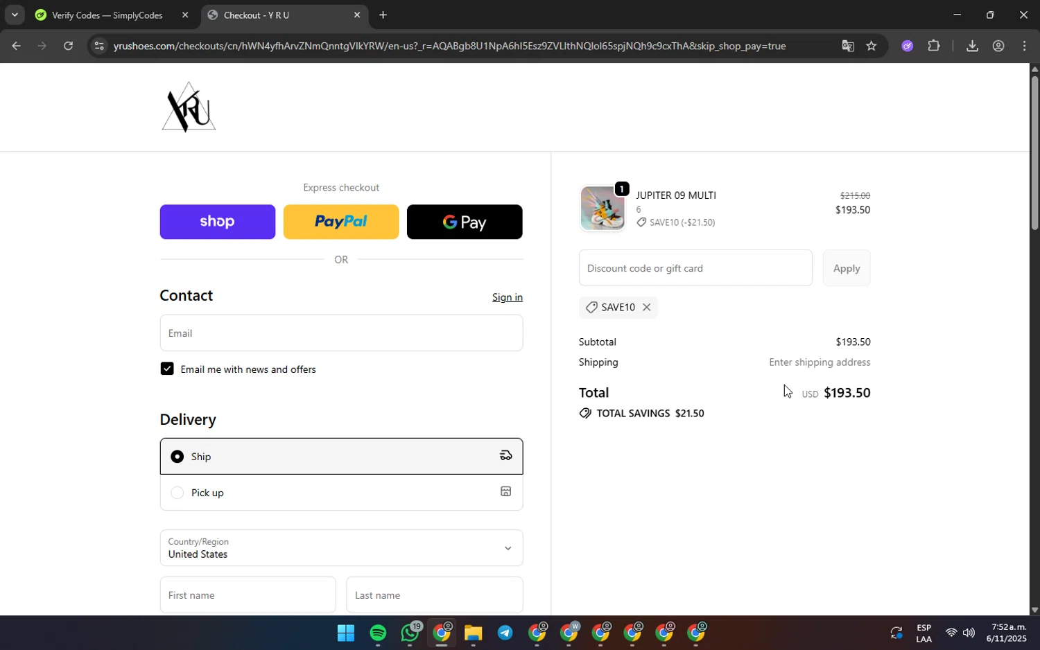 YRU discount code screenshot showing code save10 applied at YRU checkout page. Uploaded by SimplyCodes community member Matrixx on Nov 6, 2025