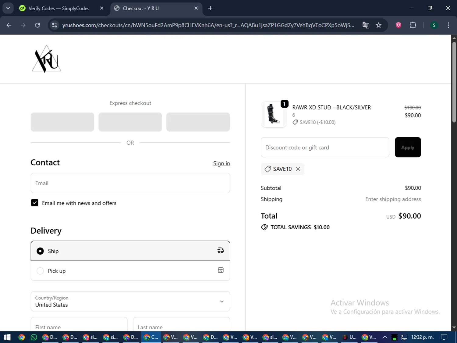 YRU discount code screenshot showing code save10 applied at YRU checkout page. Uploaded by SimplyCodes community member lilMosey on Nov 28, 2025