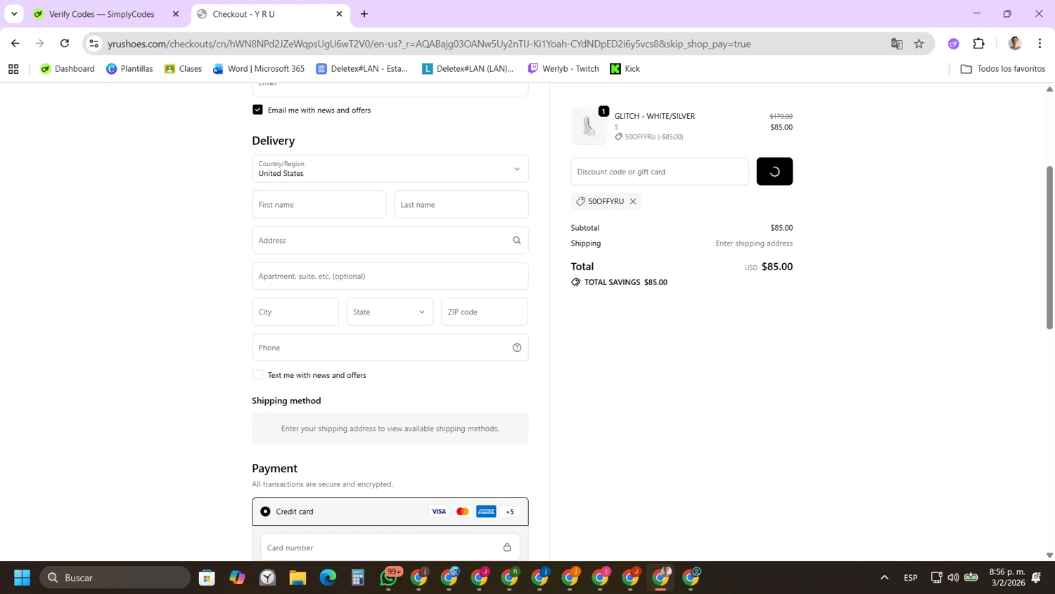 YRU discount code screenshot showing code 50OFFYRU applied at YRU checkout page. Uploaded by SimplyCodes community member FernandoLetex on Feb 4, 2026