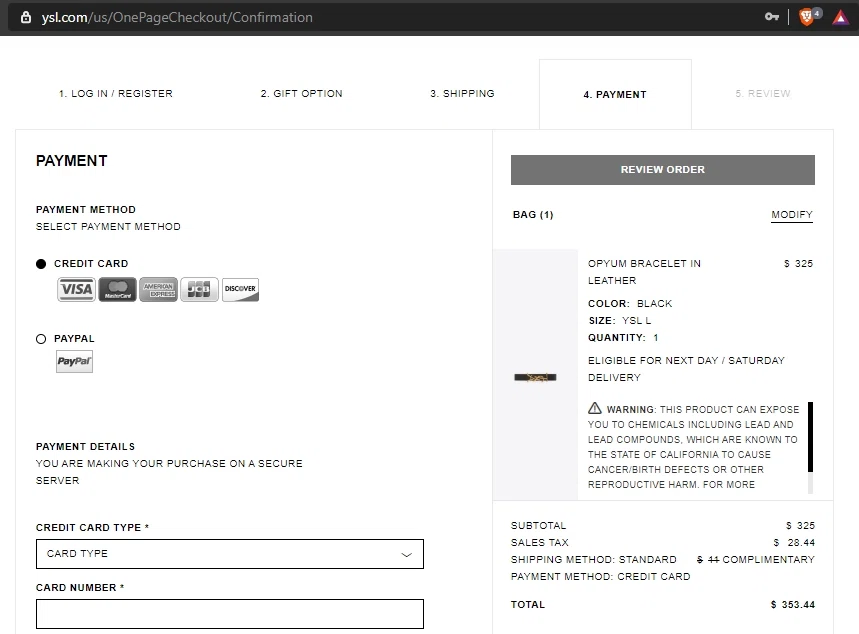 Saint Laurent checkout page showing Saint Laurent promo code box | Screenshot taken by SimplyCodes community member on Aug 6, 2020