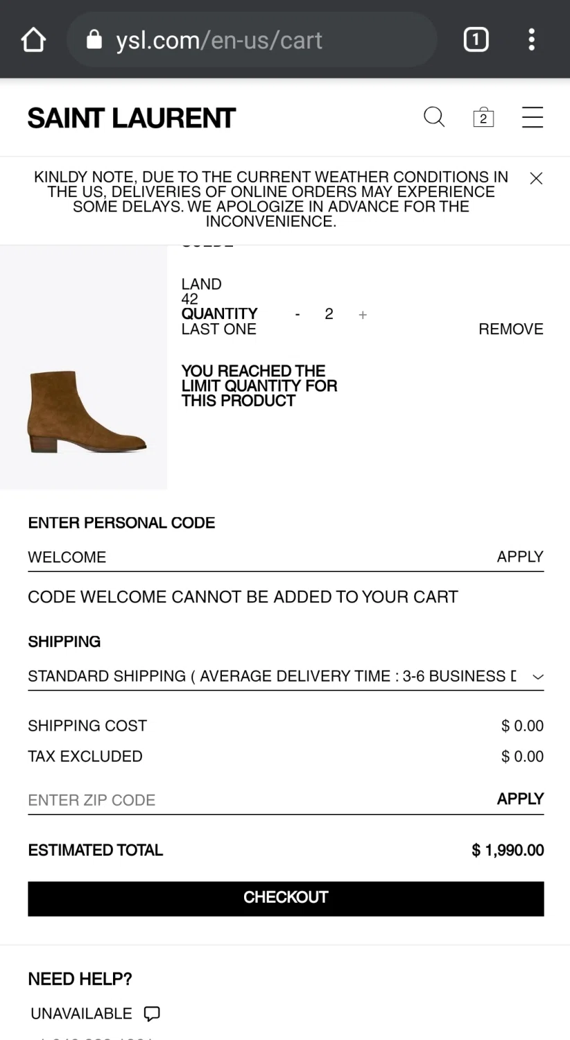Saint Laurent checkout page showing Saint Laurent promo code box | Screenshot taken by SimplyCodes community member on Feb 19, 2021
