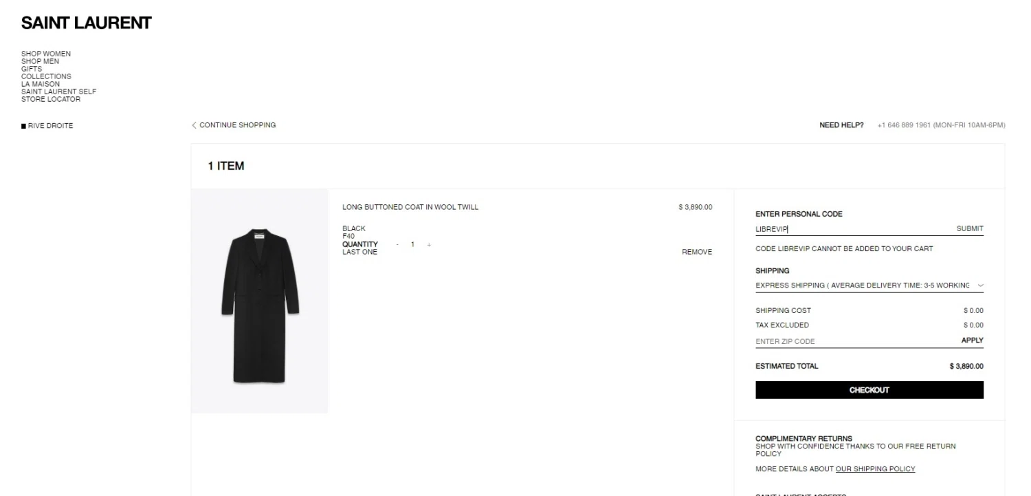 Saint Laurent checkout page showing Saint Laurent promo code box | Screenshot taken by SimplyCodes community member on Oct 7, 2020