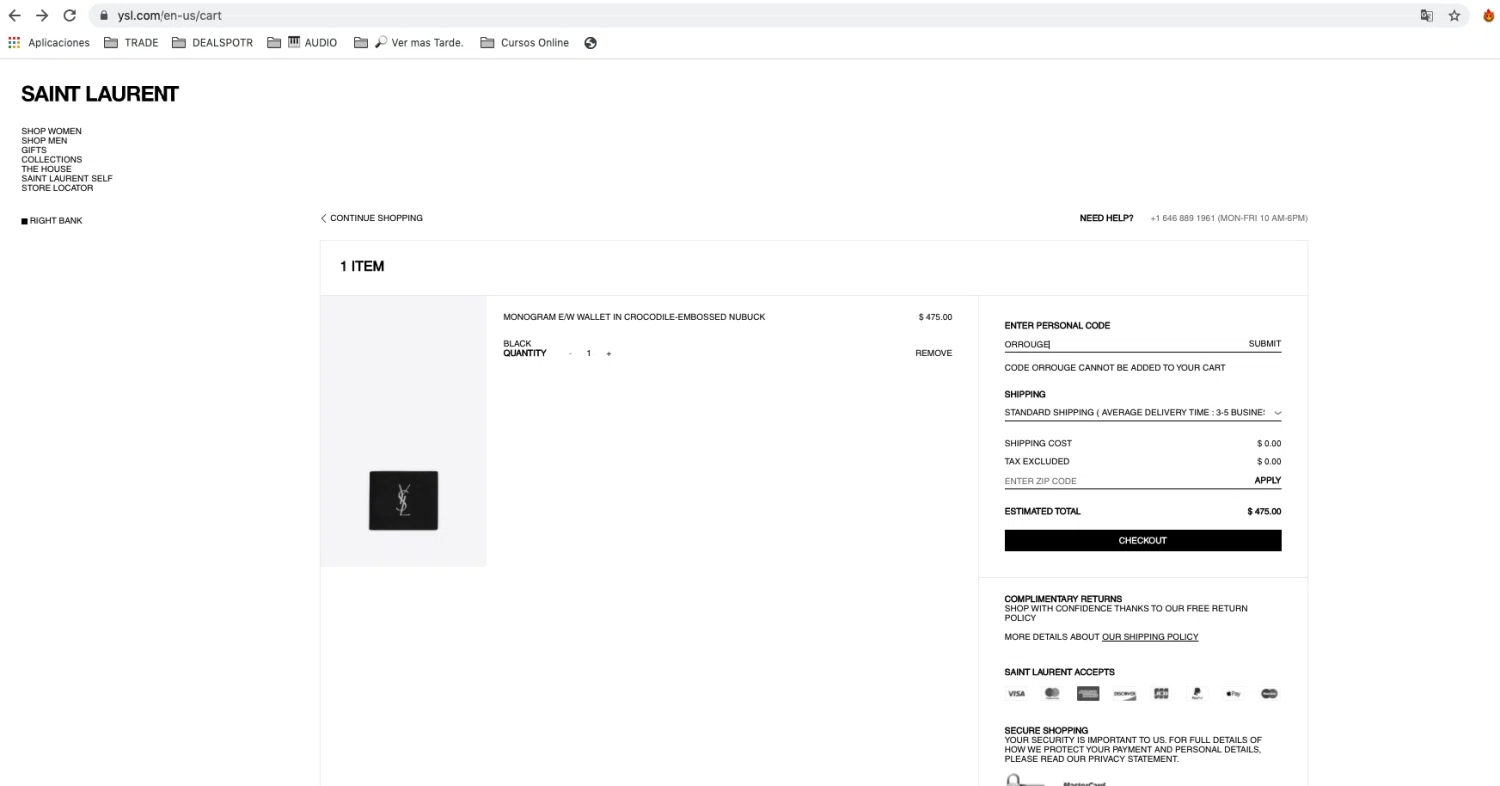 Saint Laurent checkout page showing Saint Laurent promo code box | Screenshot taken by SimplyCodes community member on Oct 14, 2020