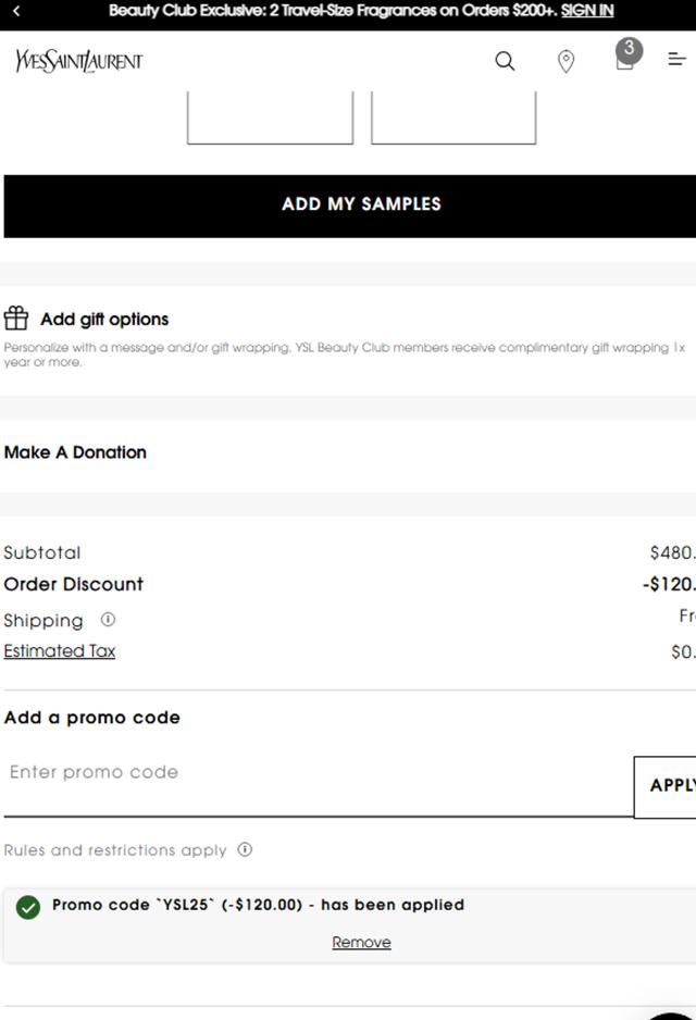 YSL Beauty checkout page showing YSL Beauty promo code box | Screenshot taken by SimplyCodes community member on Nov 10, 2024