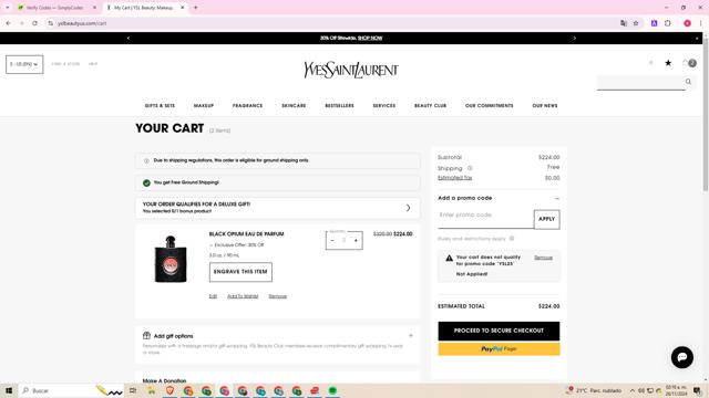 YSL Beauty checkout page showing YSL Beauty promo code box | Screenshot taken by SimplyCodes community member on Nov 26, 2024